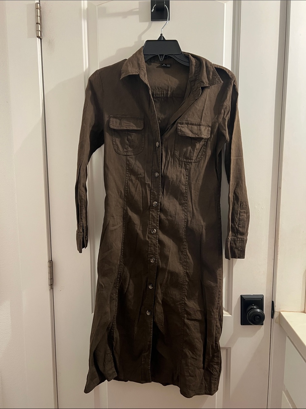 Theory Olive Brown Long Sleeve Button-Front Shirt Dress - no belt